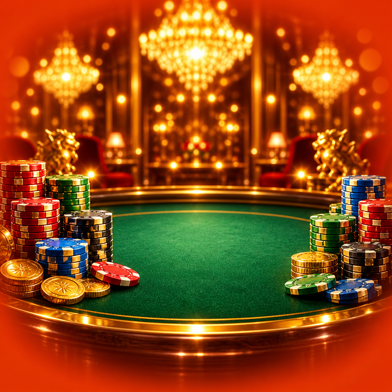 Emerald casino table with colorful chips and warm golden chandeliers